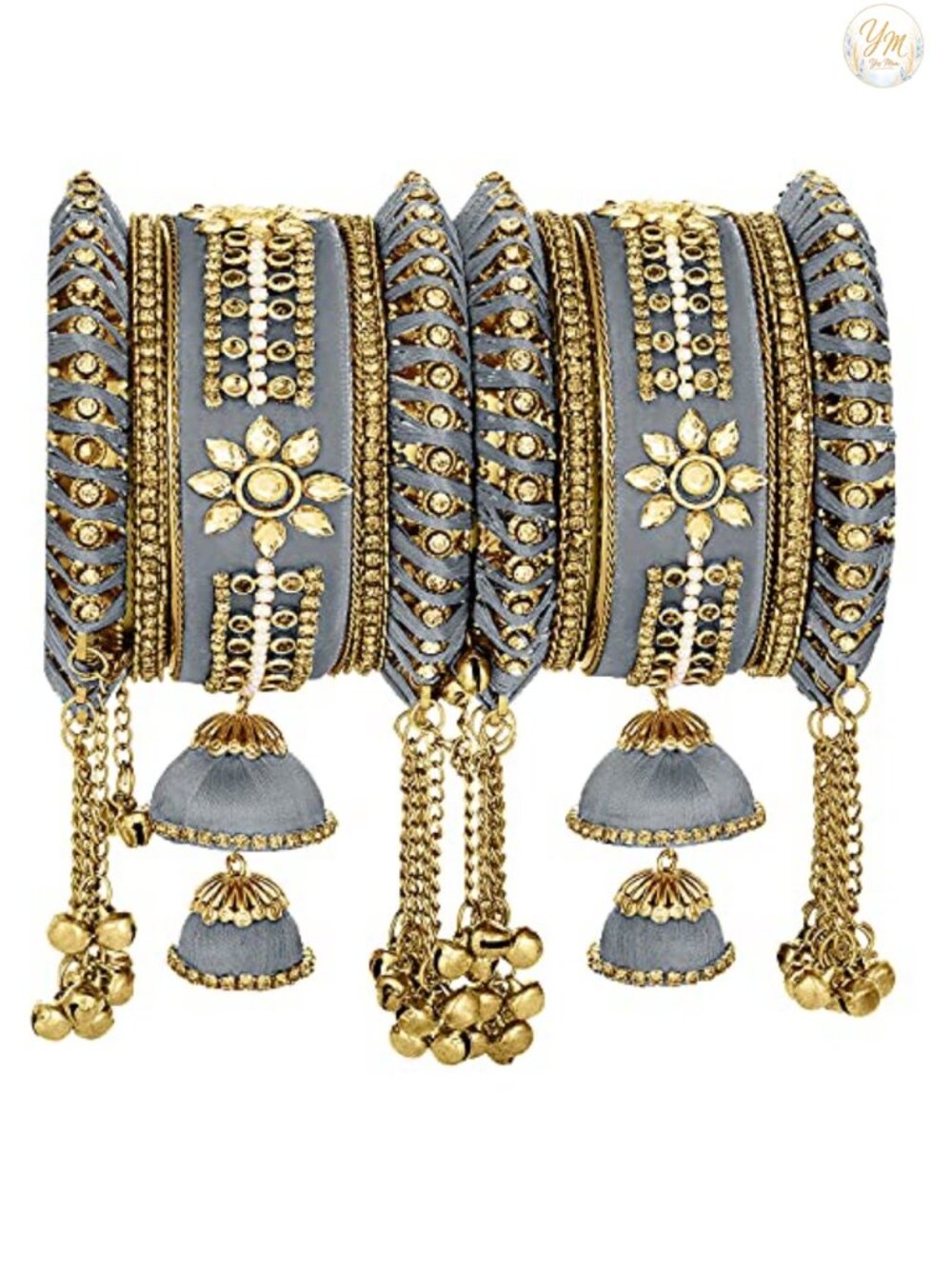 Velvet Faux Stone Studded Bridal Bangle Set Chuda with Hangings Traditional